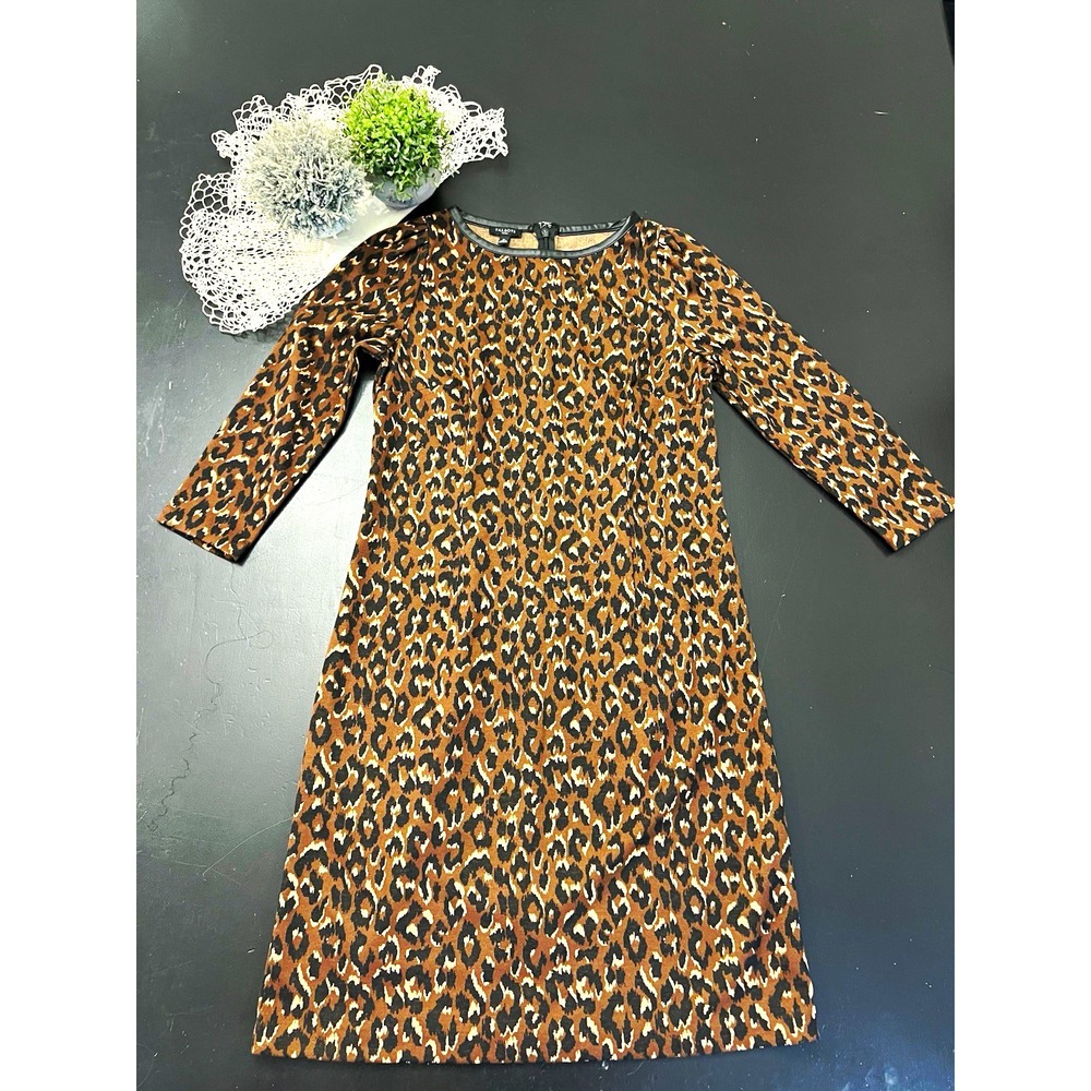 Talbots Petites 2P Brown Black Leopard Shift Dress Round Neck 3/4 Sleeve Career
